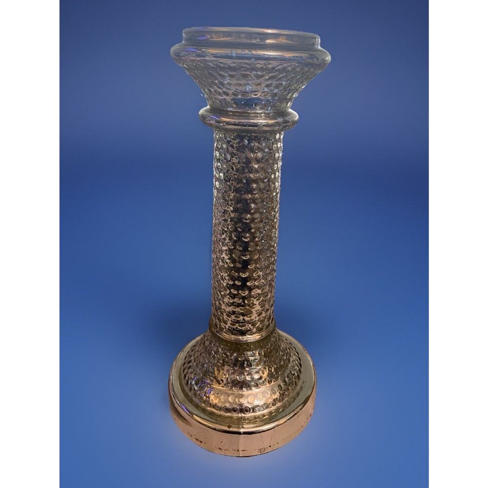 Tall Antiqued Ornate Mercury Glass Pillar Candle Holder 15.5”tall x 6.5" base
